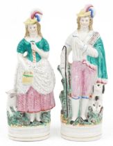 Pair of Victorian Staffordshire shepherd and shepherdess figures, 33cm high : For further