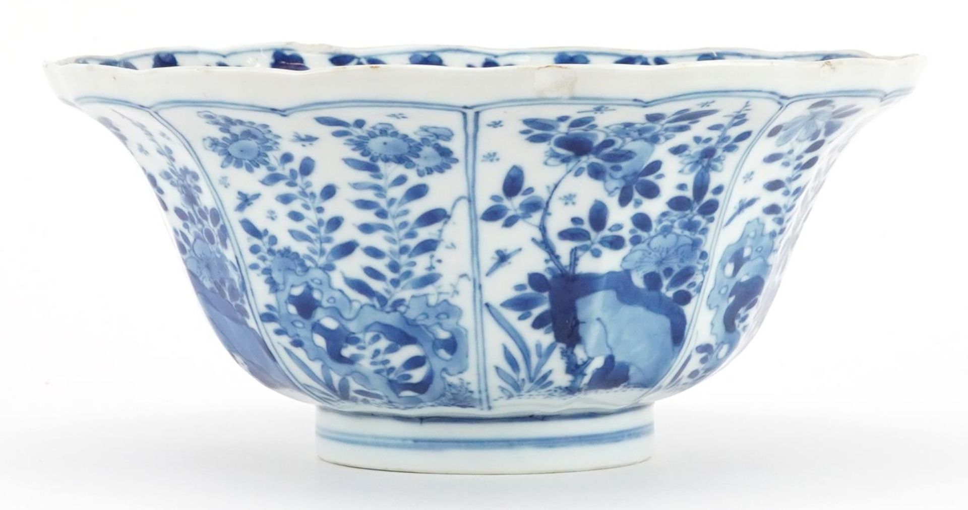 Chinese blue and white porcelain bowl hand painted with panels of flowers, six figure character - Image 2 of 6