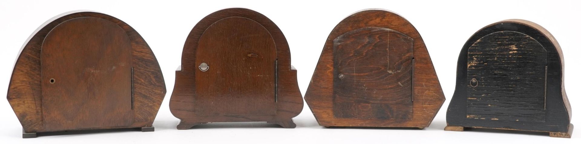 Four Art Deco oak striking mantle clocks comprising Garrard, Smiths and two Enfield, the largest - Image 2 of 6