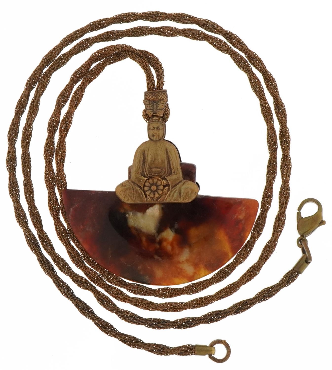 Tibetan hardstone pendant mounted with a Buddha on a gilt metal necklace, the pendant 5.5cm high : - Image 2 of 2