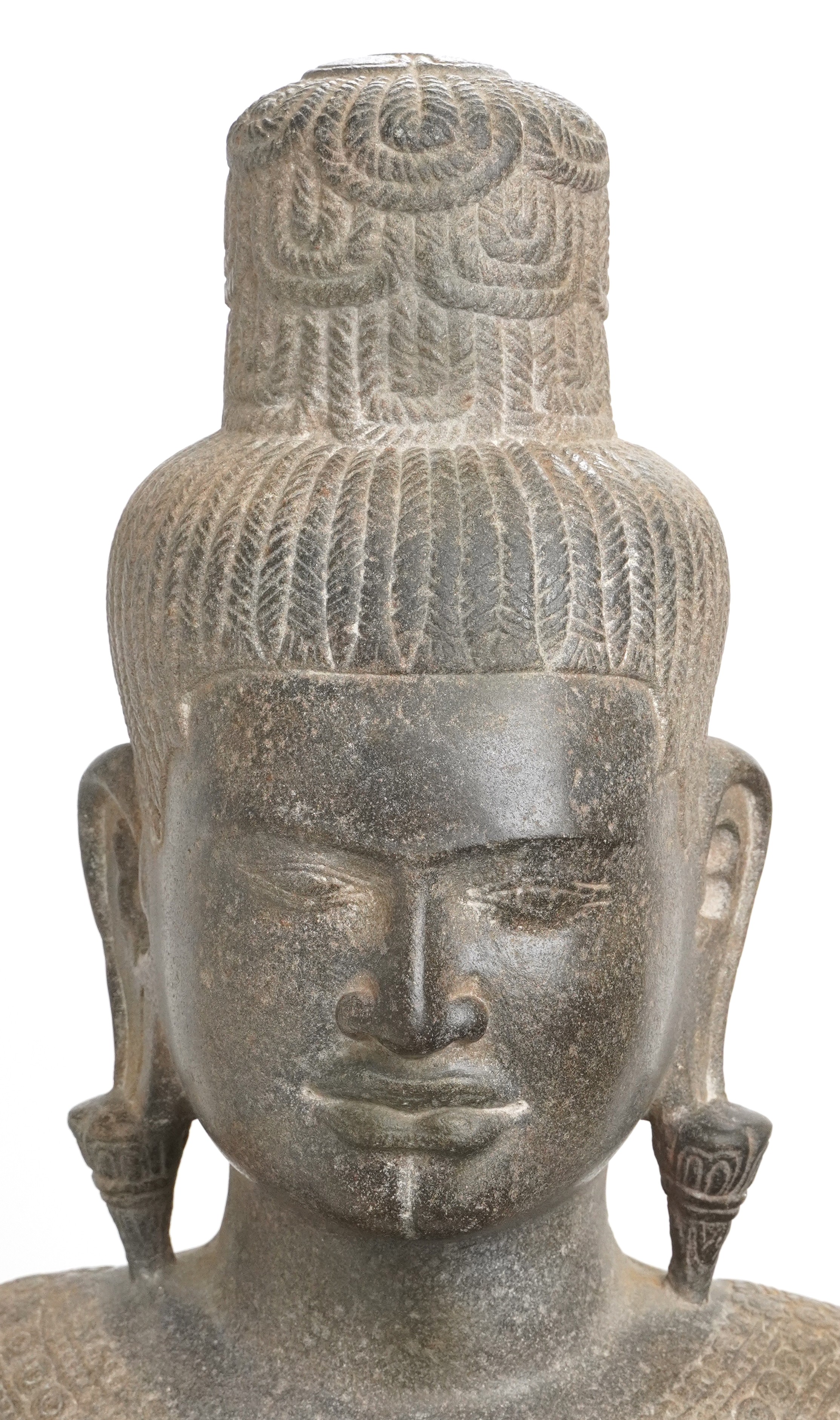 Large Cambodian Khmer Empire stone deity finely carved with robe, on later stand, the carving - Image 5 of 7