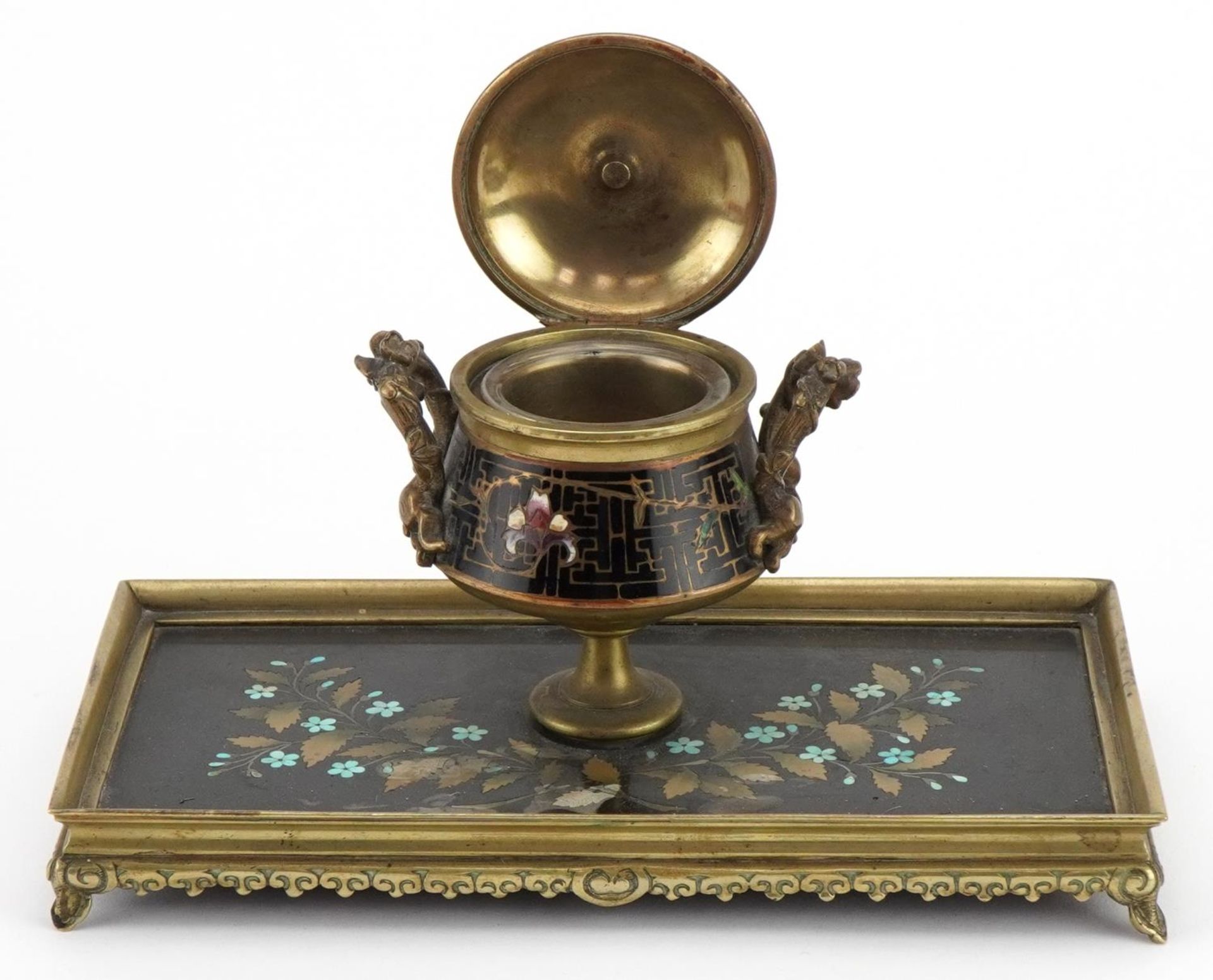 19th century ornate brass pietra dura and cloisonne desk inkwell with glass liner finely inlaid - Image 3 of 8