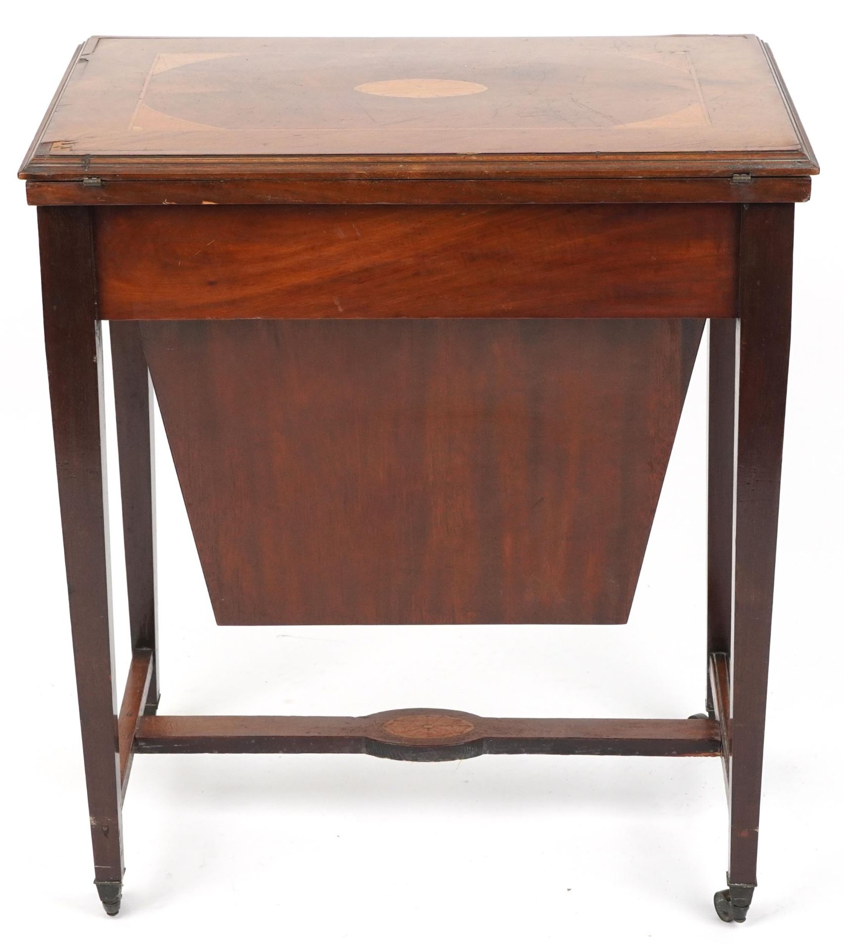 Edwardian inlaid mahogany folding games table on tapering legs with chess, backgammon and cribbage - Image 7 of 7