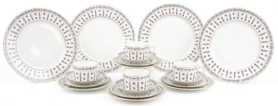 Royale Limoges Langeais dinner and teaware comprising four trios and four dinner plates, the largest