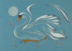 Eddy Cobiness 1978 - Swan before moonlight, watercolour, mounted, framed and glazed, 70cm x 50cm