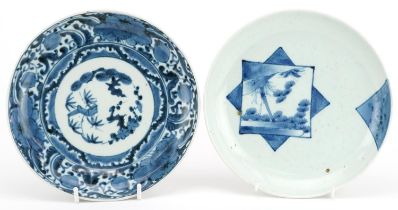Two late 17th or early 18th century Japanese Arita blue and white porcelain plates including one