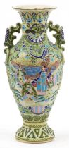 Large Japanese Satsuma pottery vase with twin handles hand painted with warriors, 41cm high : For