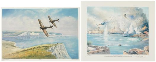 Two military interest pencil signed prints comprising HMS Illustrious at Malta 1941 signed by
