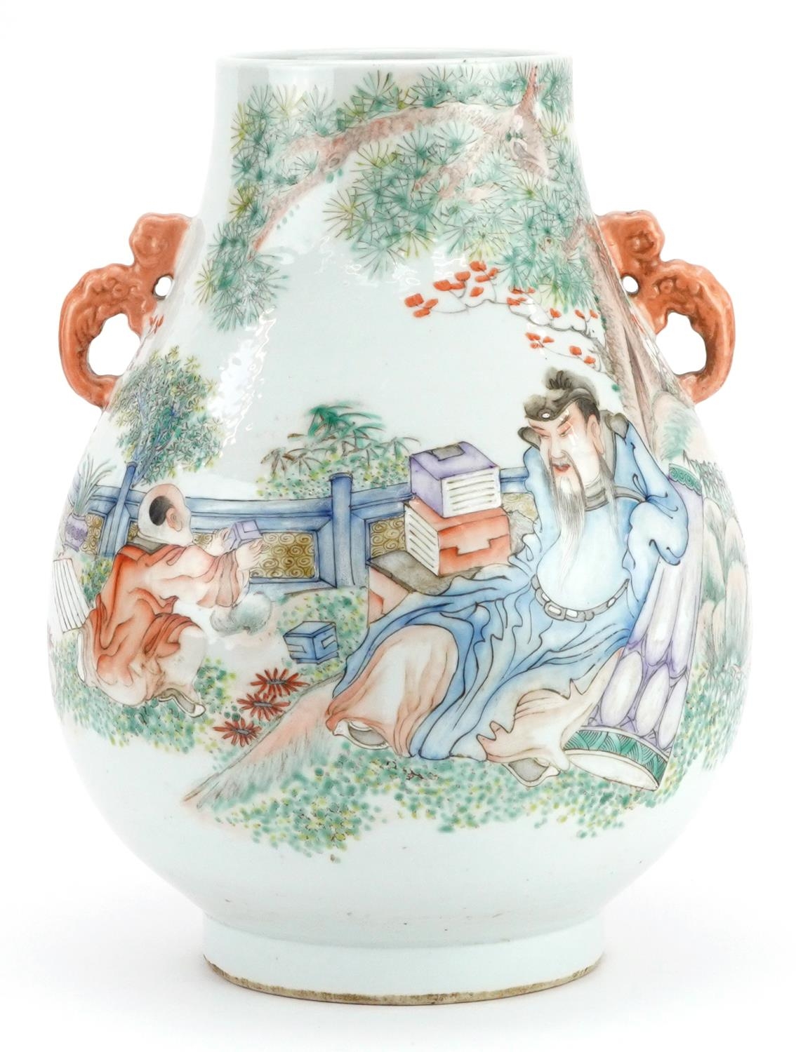 Chinese porcelain Hu arrow vase with twin handles hand painted in the famille rose palette with an