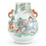 Chinese porcelain Hu arrow vase with twin handles hand painted in the famille rose palette with an