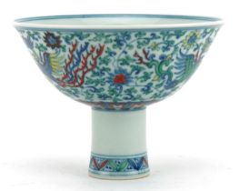 Chinese doucai porcelain stem bowl hand painted with phoenixes amongst flowers, six figure character