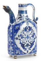 Turkish Iznik porcelain water flask with fish head spout hand painted with flowers, 21cm high :