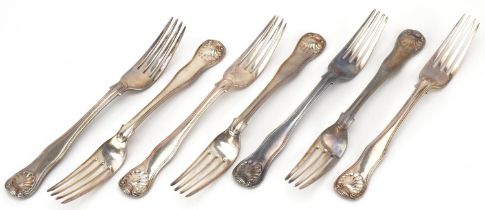 Chawner & Co, seven matching Victorian silver table forks, London 1876, 21cm in length, 703.0g : For