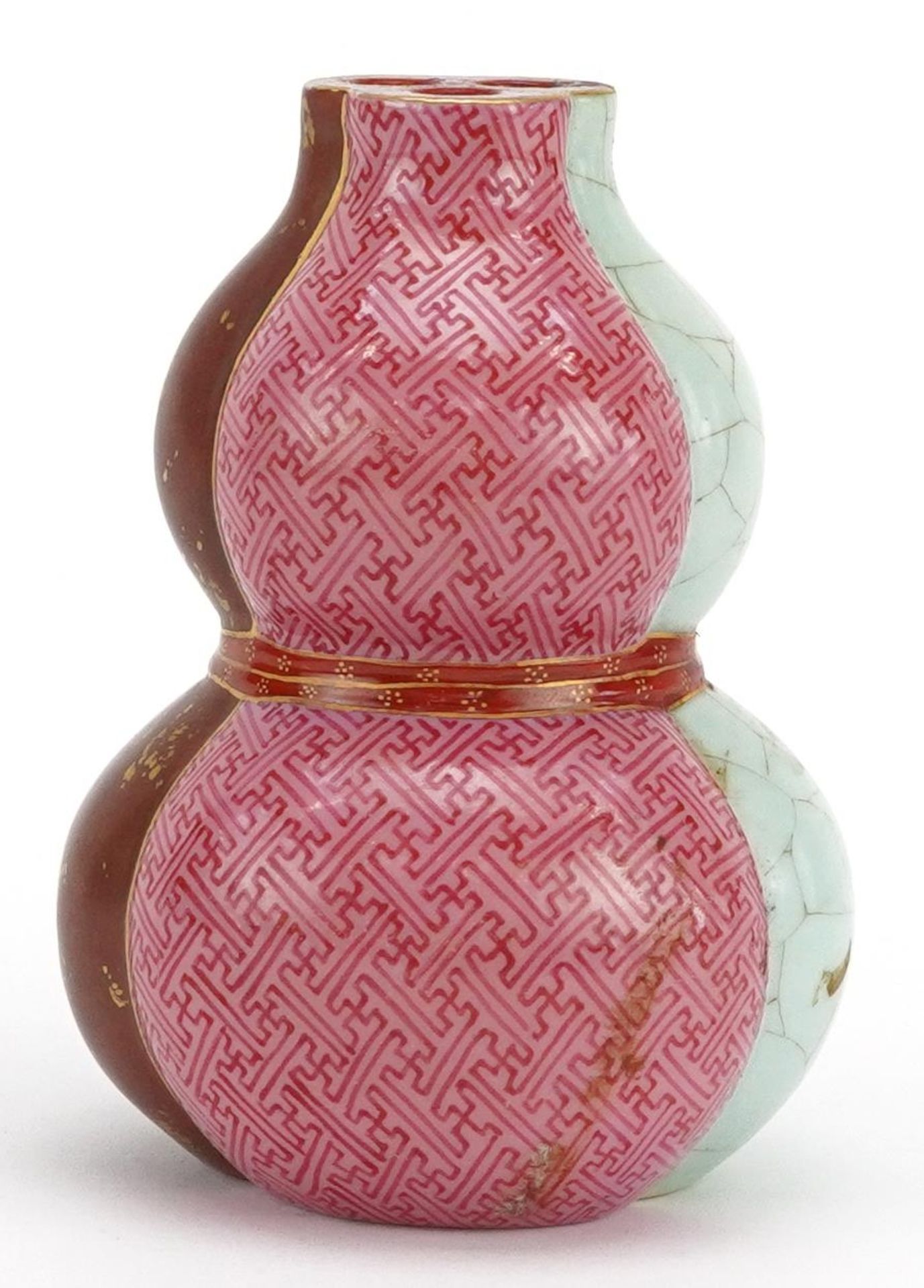 Chinese porcelain double gourd three section flower vase with ribbon, gilt four figure character - Image 4 of 7
