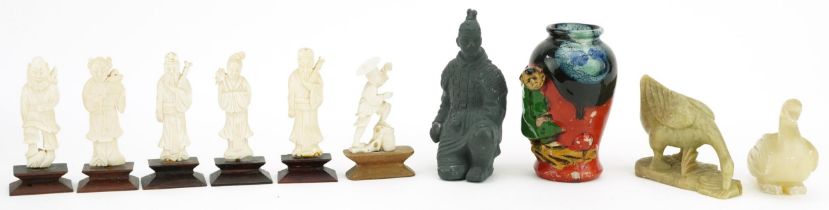 Chinese and Japanese sundry items including a Sumida Gawa vase and carved bone figures, the