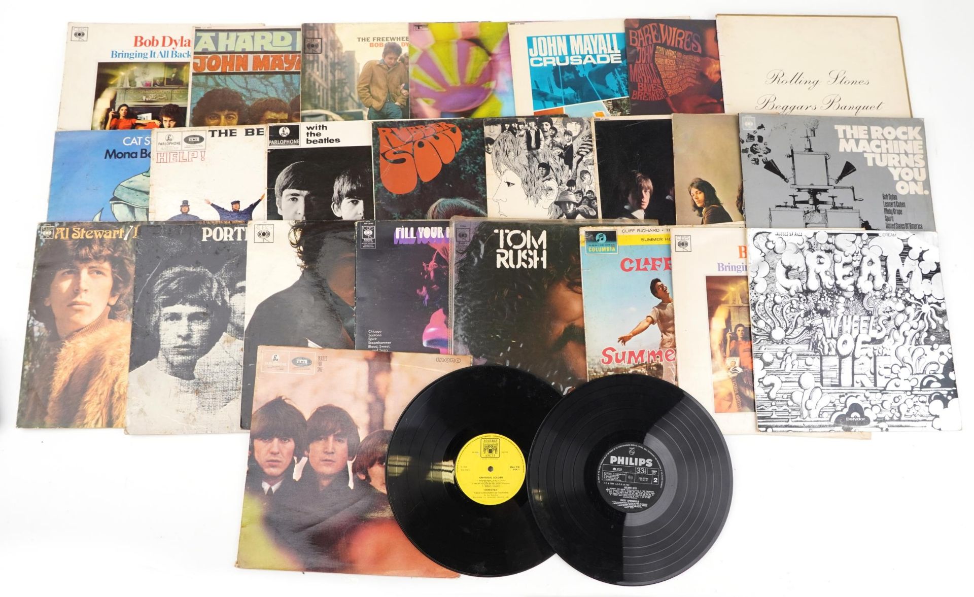 Vinyl LP records including Bob Dylan, John Mayall, The Rolling Stones, Cat Stevens, The Beatles