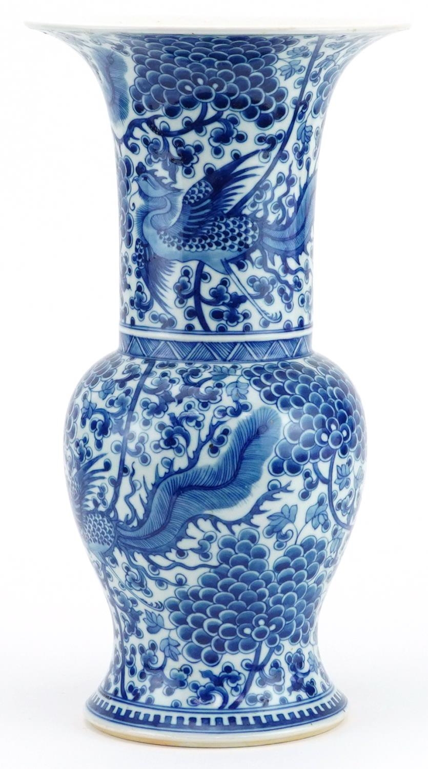 Chinese blue and white porcelain Yen Yen vase hand painted with phoenixes amongst flowers, six - Image 4 of 7