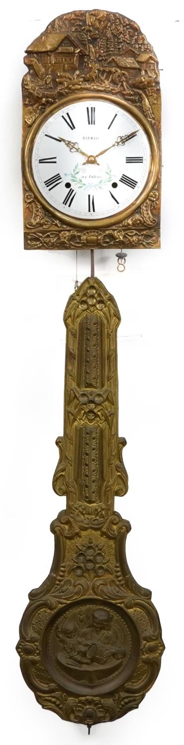 19th century French wall clock with embossed brass face and pendulum, the circular enamelled dial