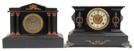 Two 19th century black slate style mantle clocks including one with Corinthian columns and Arabic