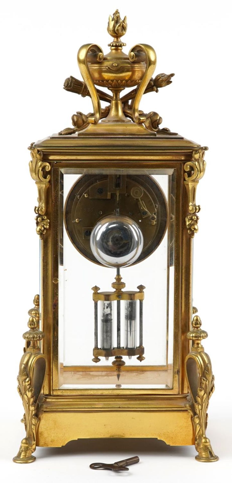 19th century French ormolu four glass mantle clock striking on a bell with visible Brocot escapement - Bild 4 aus 5