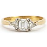 18ct gold diamond three stone ring, total diamond weight approximately 0.68 carat, the central