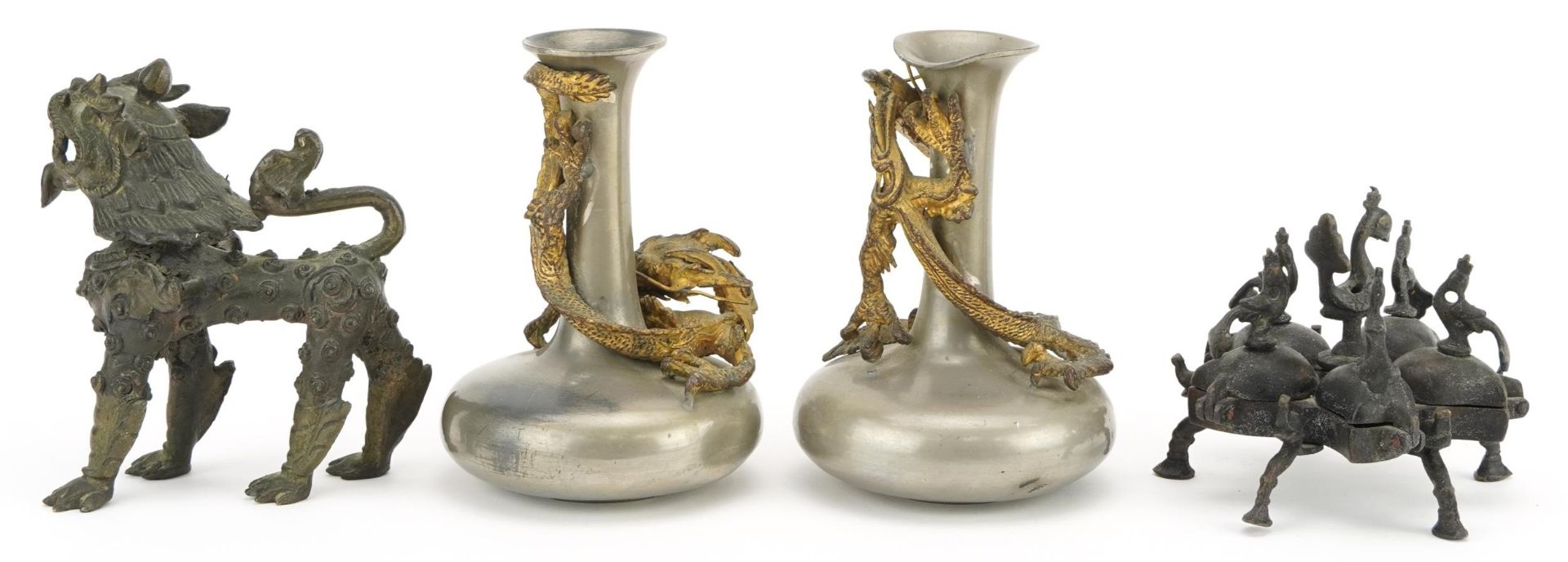 Indian and Asian metalware including a pair of pewter vases surmounted with dragons, the largest - Image 3 of 6