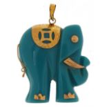 Chinese turquoise coloured elephant pendant with 9ct gold mounts, 2.8cm high, 5.8g : For further