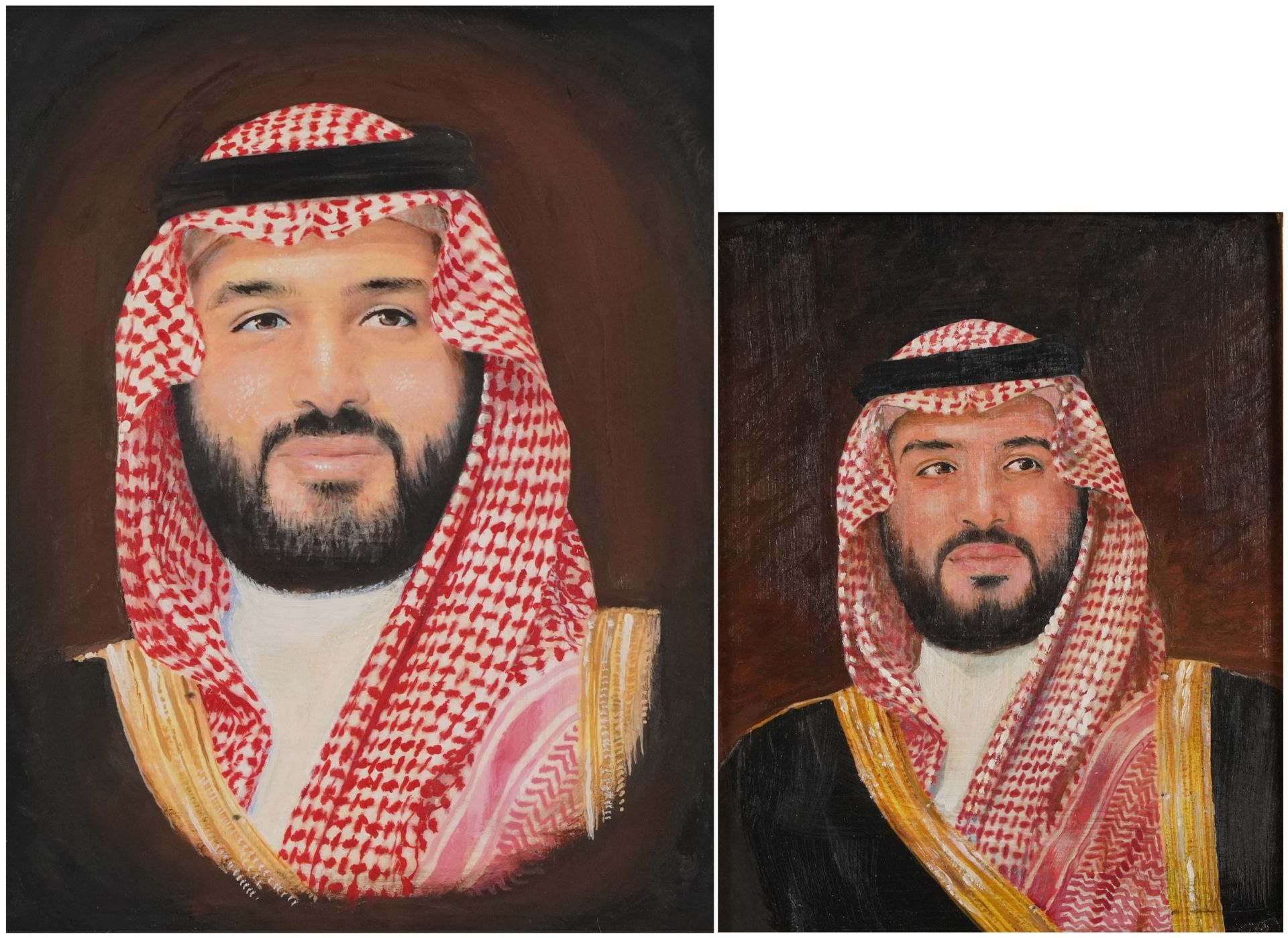 Portraits of Salman of Saudi Arabia, two pictures, framed, the largest 34cm x 26.5cm excluding the