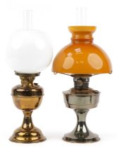 Two oil lamps with glass shades comprising Dimplex and Super Aladdin, the largest 54cm high : For