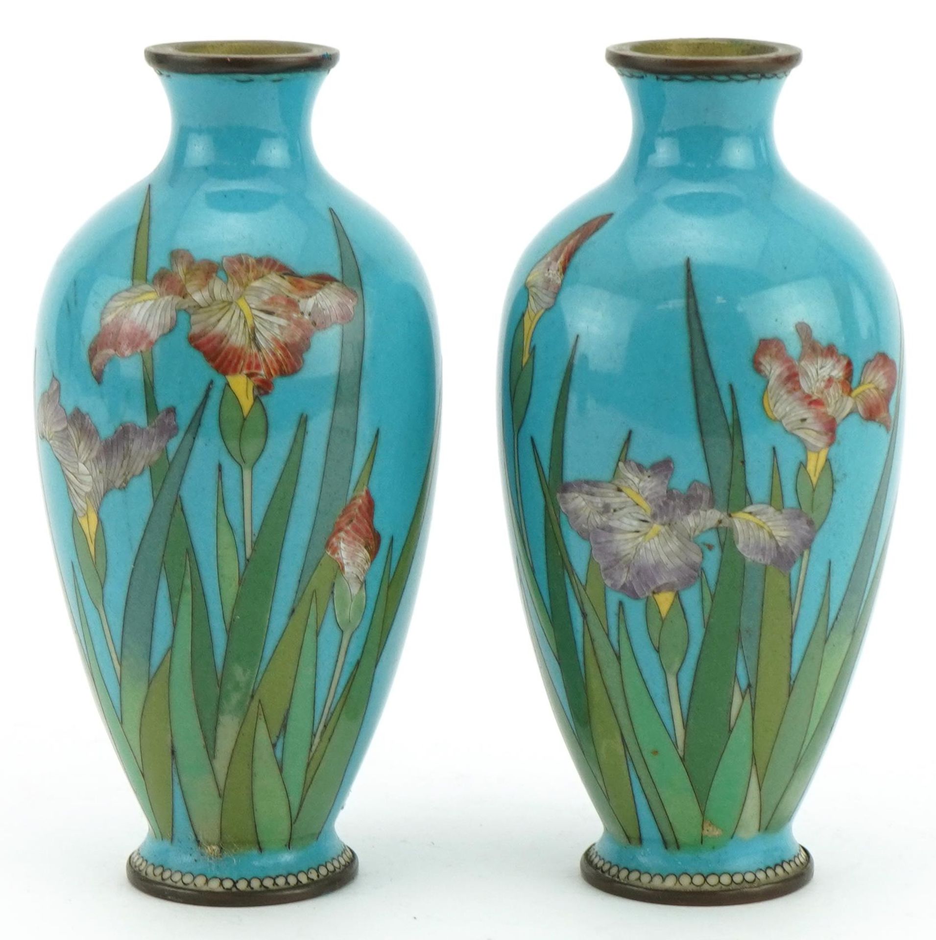 Pair of Japanese cloisonne vases enamelled with flowers, each 12cm high : For further information on