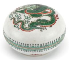 Chinese porcelain bun box and cover hand painted in the famille verte palette with a dragon