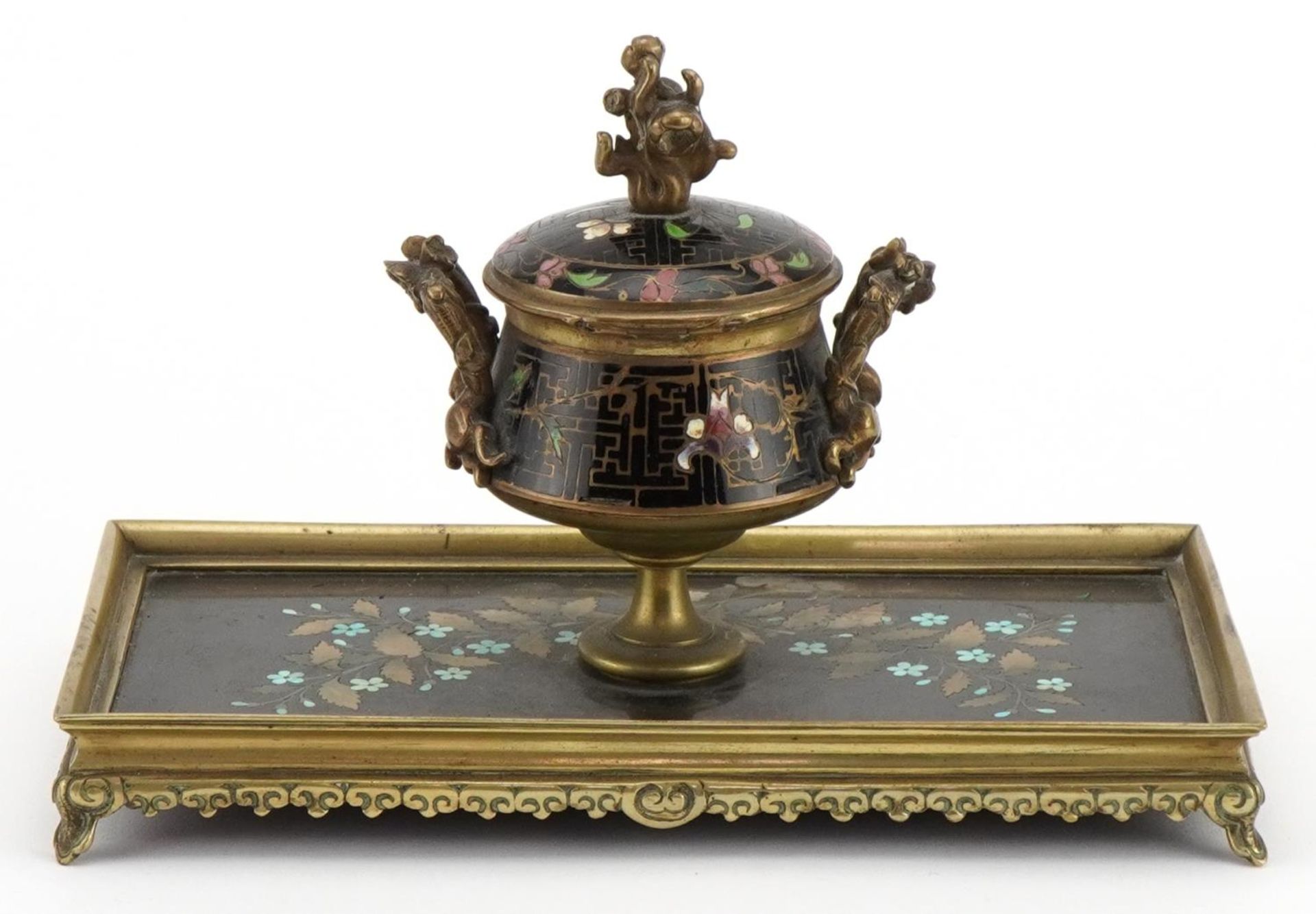 19th century ornate brass pietra dura and cloisonne desk inkwell with glass liner finely inlaid - Image 5 of 8
