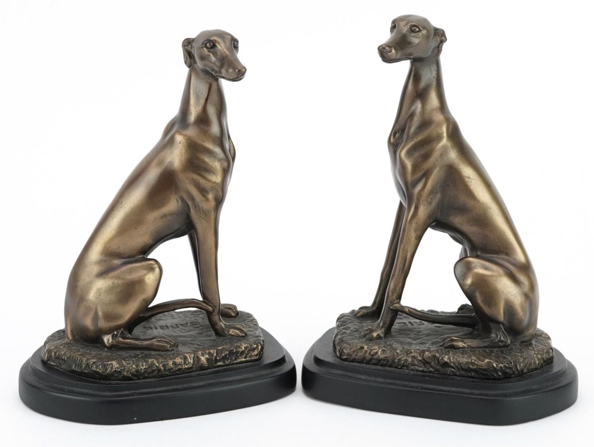After Barrie, pair of bronzed studies of seated greyhounds, 18.5cm high : For further information on