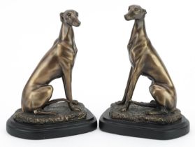 After Barrie, pair of bronzed studies of seated greyhounds, 18.5cm high : For further information on