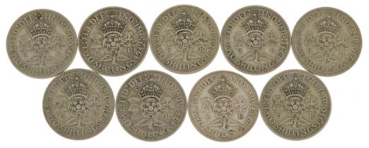 Nine British pre decimal, pre 1947 two shillings, 95g : For further information on this lot please