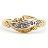 18ct gold and platinum diamond five stone crossover ring with scrolled shoulders, size P, 2.4g : For