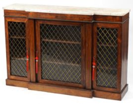 Victorian rosewood three section breakfront bookcase with marble top and brass inlay, each section
