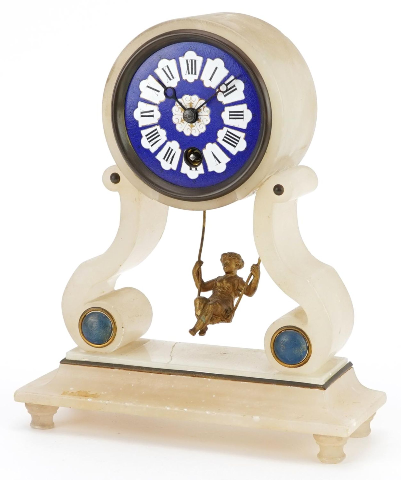 19th century French Girl in a Swing onyx mantle clock with blue enamelled dial and Roman numerals,