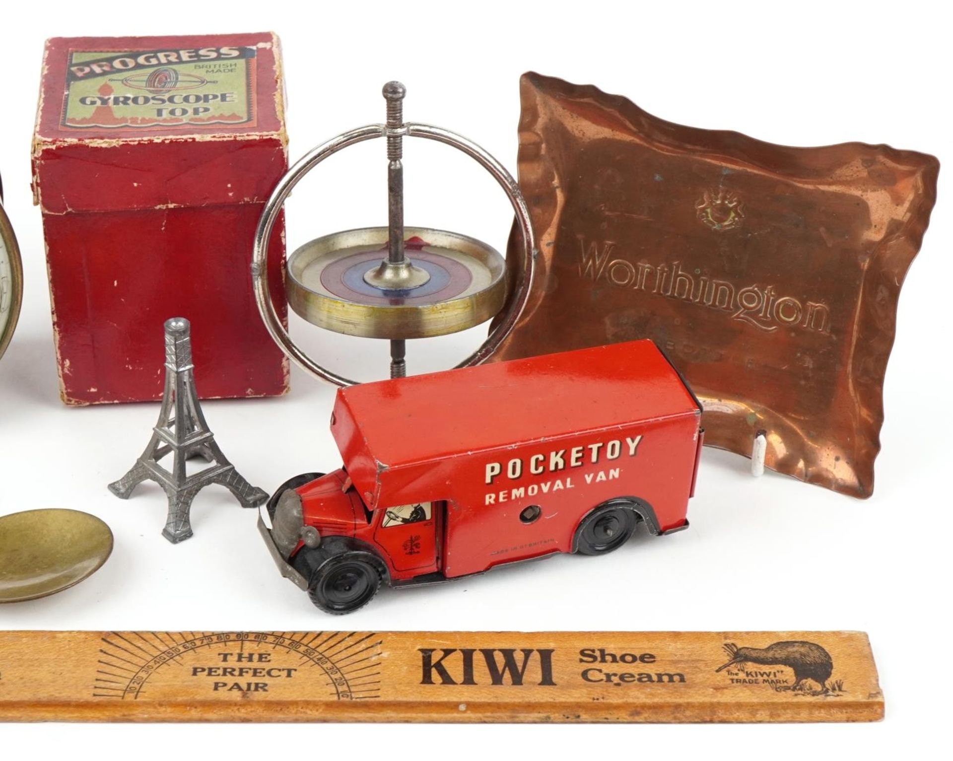 Sundry items including brass cased travel clock, Worthington advertising copper dish and Gyroscope - Image 3 of 4