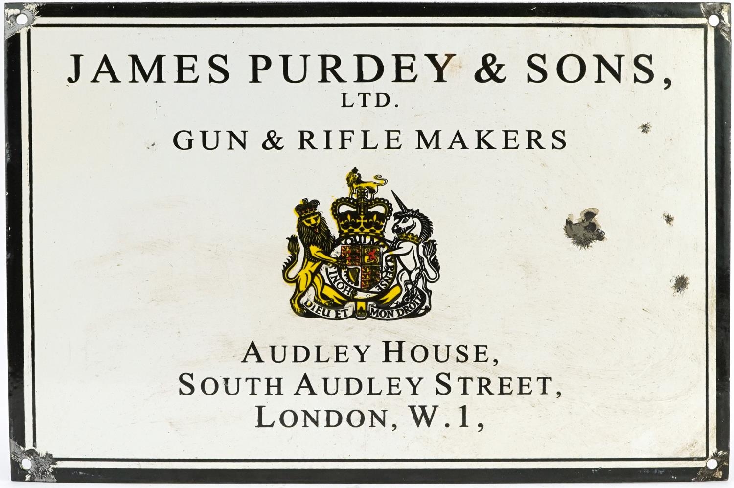 James Purdey & Sons enamel advertising sign, 38cm x 25.5cm : For further information on this lot