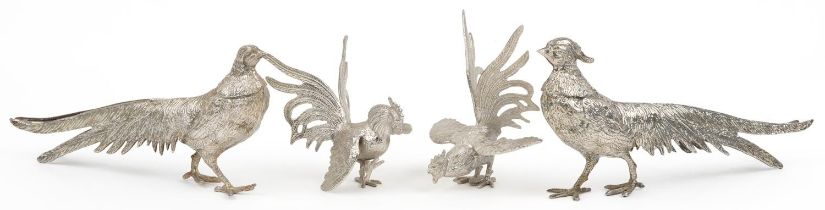 Two pairs of silver plated pheasants and cockerels, the largest 29cm in length : For further