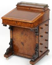 Victorian burr walnut Davenport with lift up top, tooled leather insert and four side drawers,