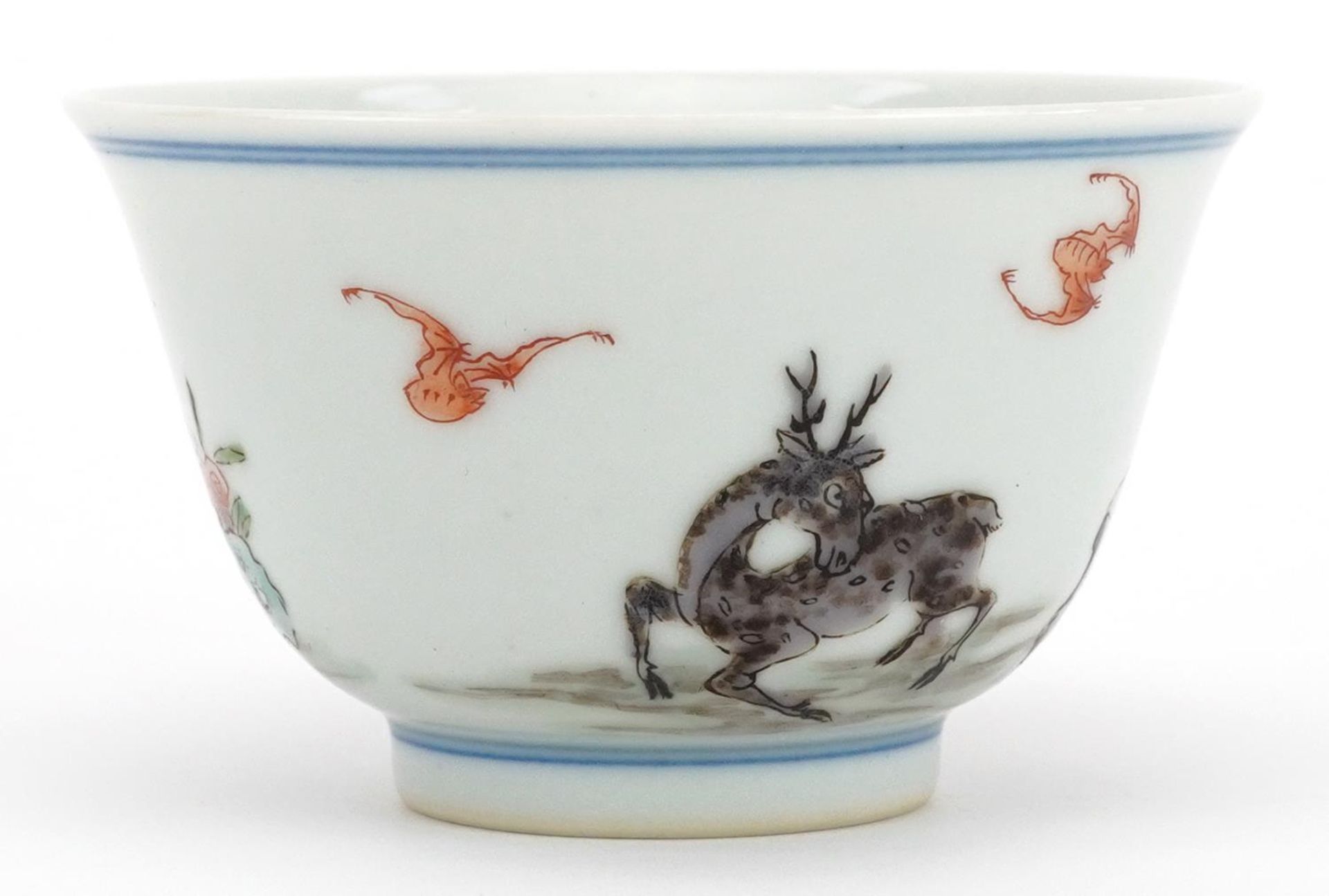 Chinese doucai porcelain tea bowl hand painted in the famille rose palette with an emperor, - Image 4 of 7