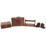 Sundry items including a Victorian rosewood workbox, leather briefcase, oak book rack and pair of