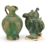 Chinese archaic style horse and a similar spouted vessel, each having green glazes, the largest 22.