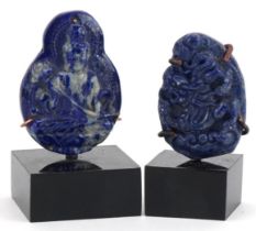Two Chinese lapis lazuli panels carved with a figure of Buddha and dragon, each raised on stands,