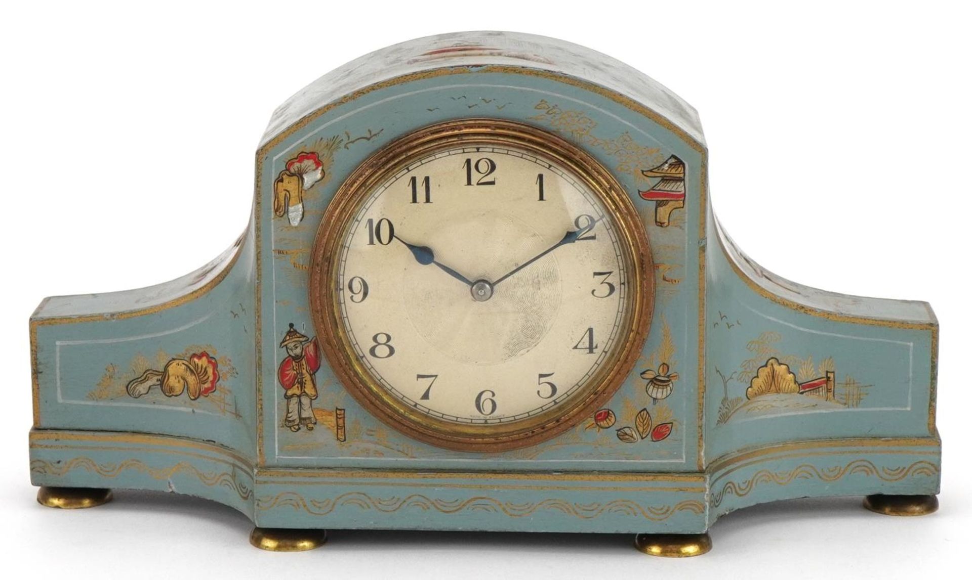 Early 20th century blue chinoiserie lacquered mantle clock hand painted with figures and pagodas, - Image 2 of 7