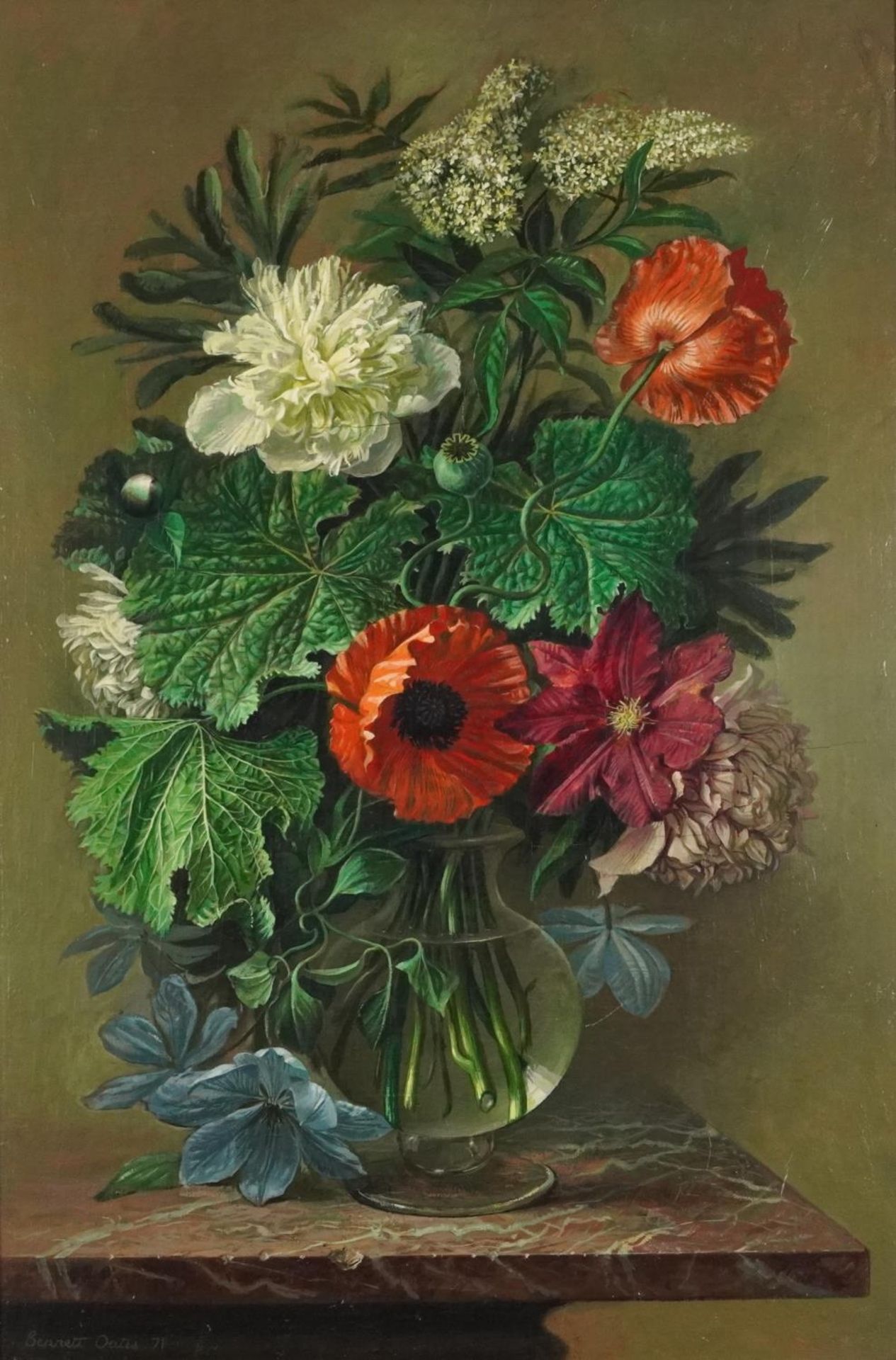 G Bennett Oates 1971 - Mixed flowers in a glass vase, oil on canvas, Stacy Marks inscribed label