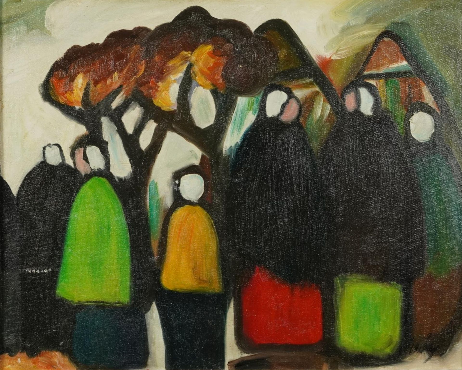 Manner of Markey Robinson - Figures standing about, Irish school oil on board, mounted and framed,