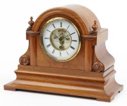 19th century French walnut mantle clock with visible Brocot escapement and circular enamelled dial